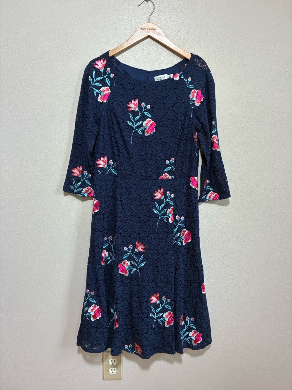 Eliza J 16 Navy Lace Floral Embroidered Midi Dress 3/4 Sleeve Mother of Groom
